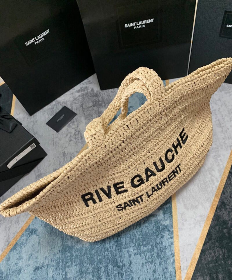 Saint Laurent Rive Gauche Supple Tote Bag In Raffia Crochet Apricot